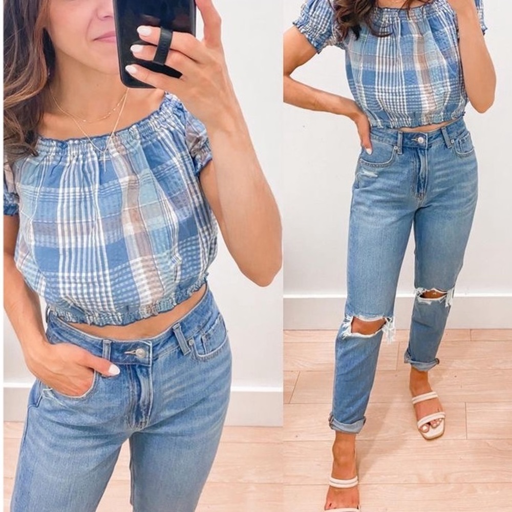 AEO 🦅 Off Shoulder Plaid Puff Sleeve Crop Top - Picture 7 of 15